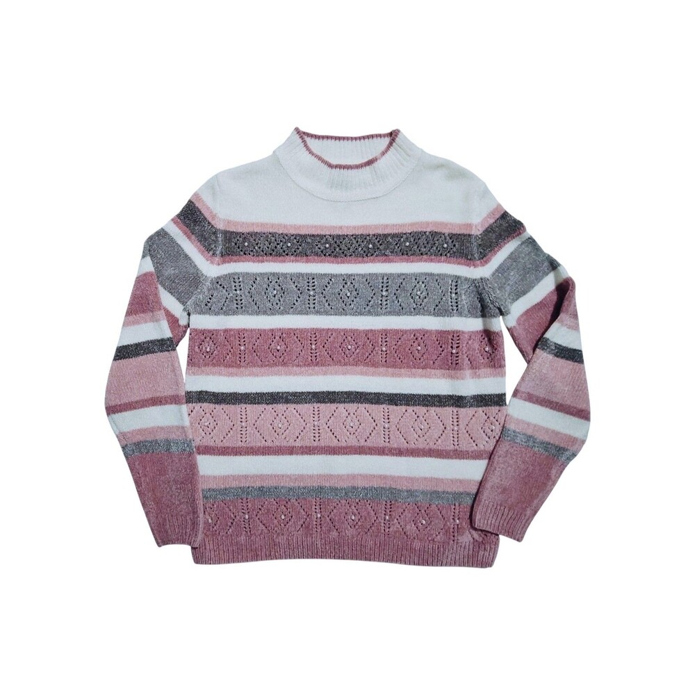Alfred Dunner Pearl Striped Chenille Sweater Petite M Medium Pullover Pink Gray